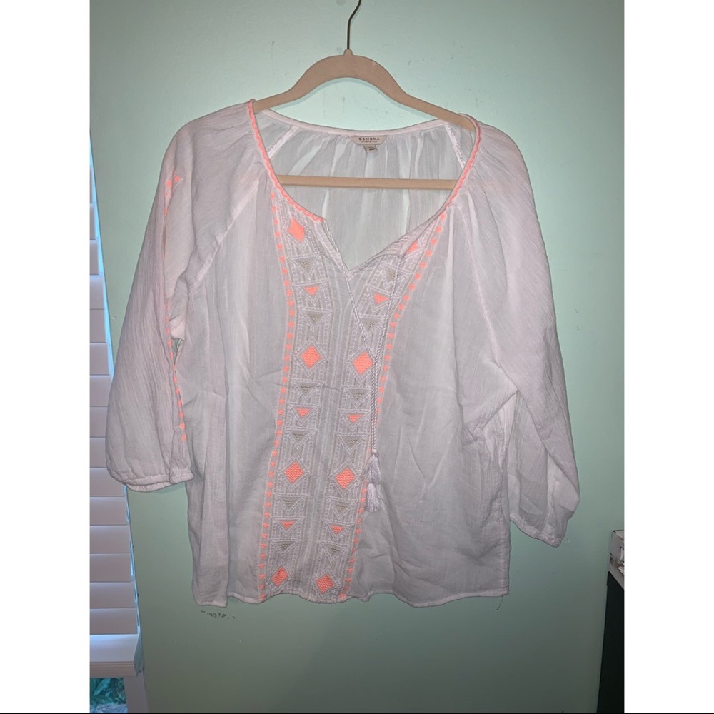 White Sonoma Blouse with Tie and Aztec Detail